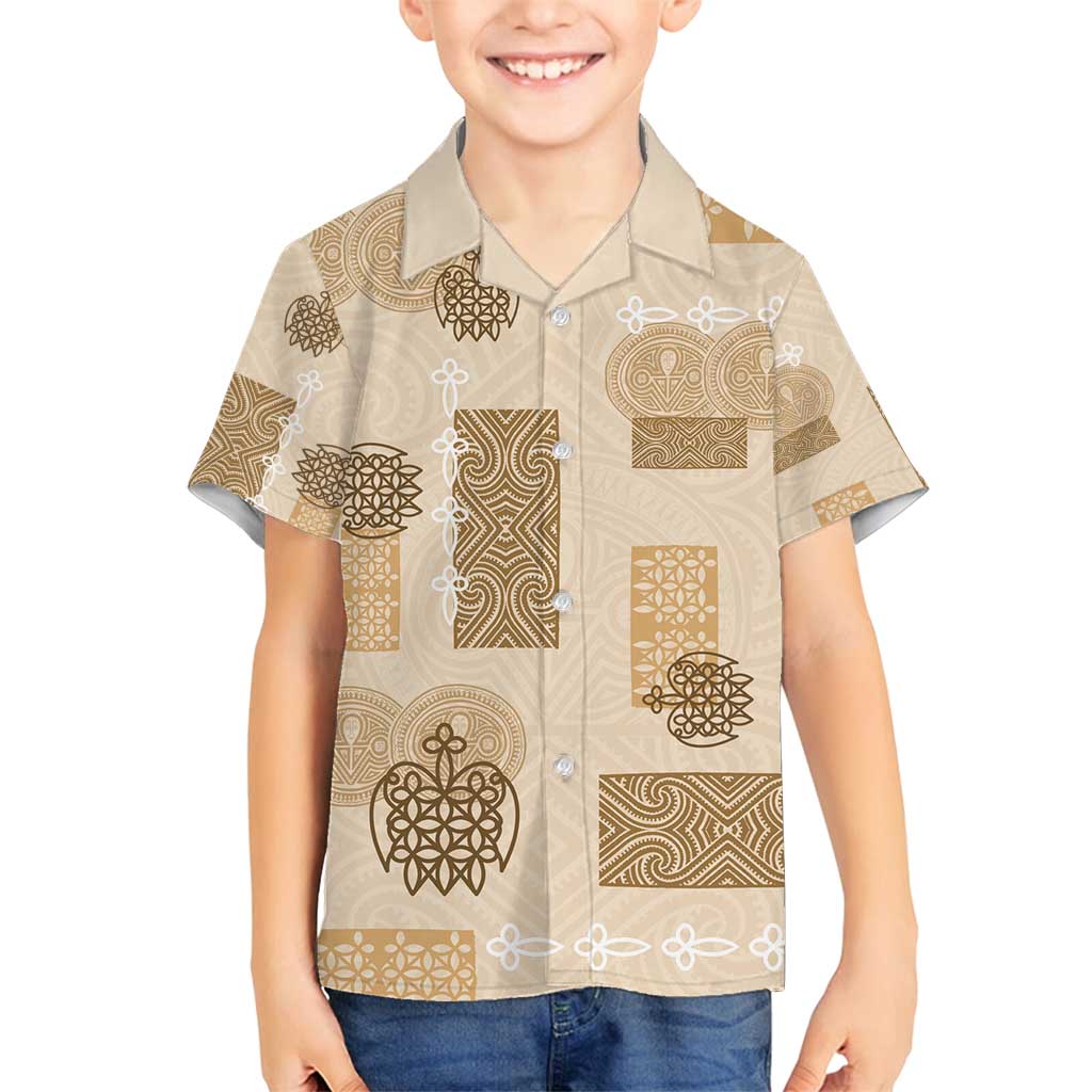Vintage Lapita Family Matching Long Sleeve Bodycon Dress and Hawaiian Shirt Iconic Double Face Pattern Beige
