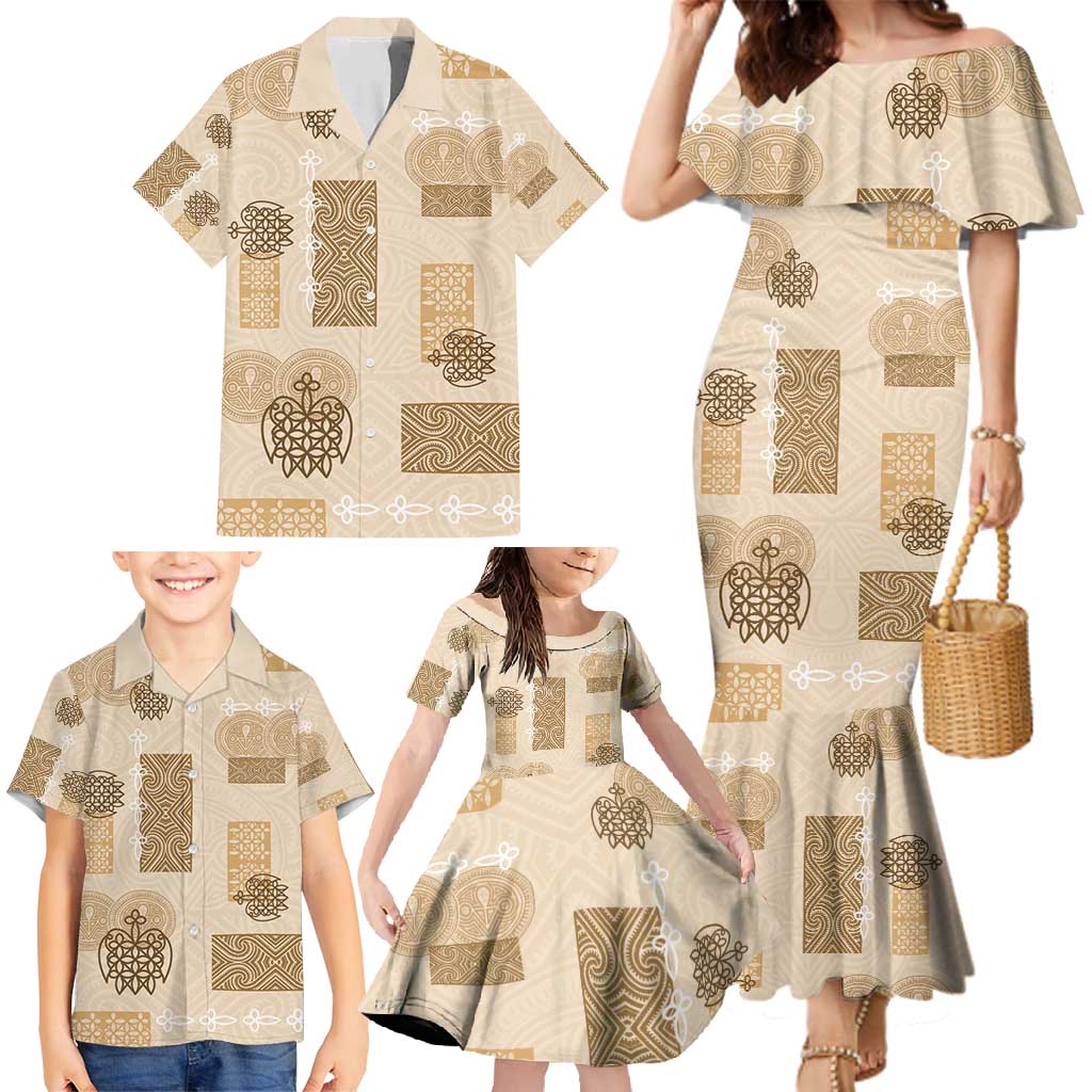 Vintage Lapita Family Matching Mermaid Dress and Hawaiian Shirt Iconic Double Face Pattern Beige