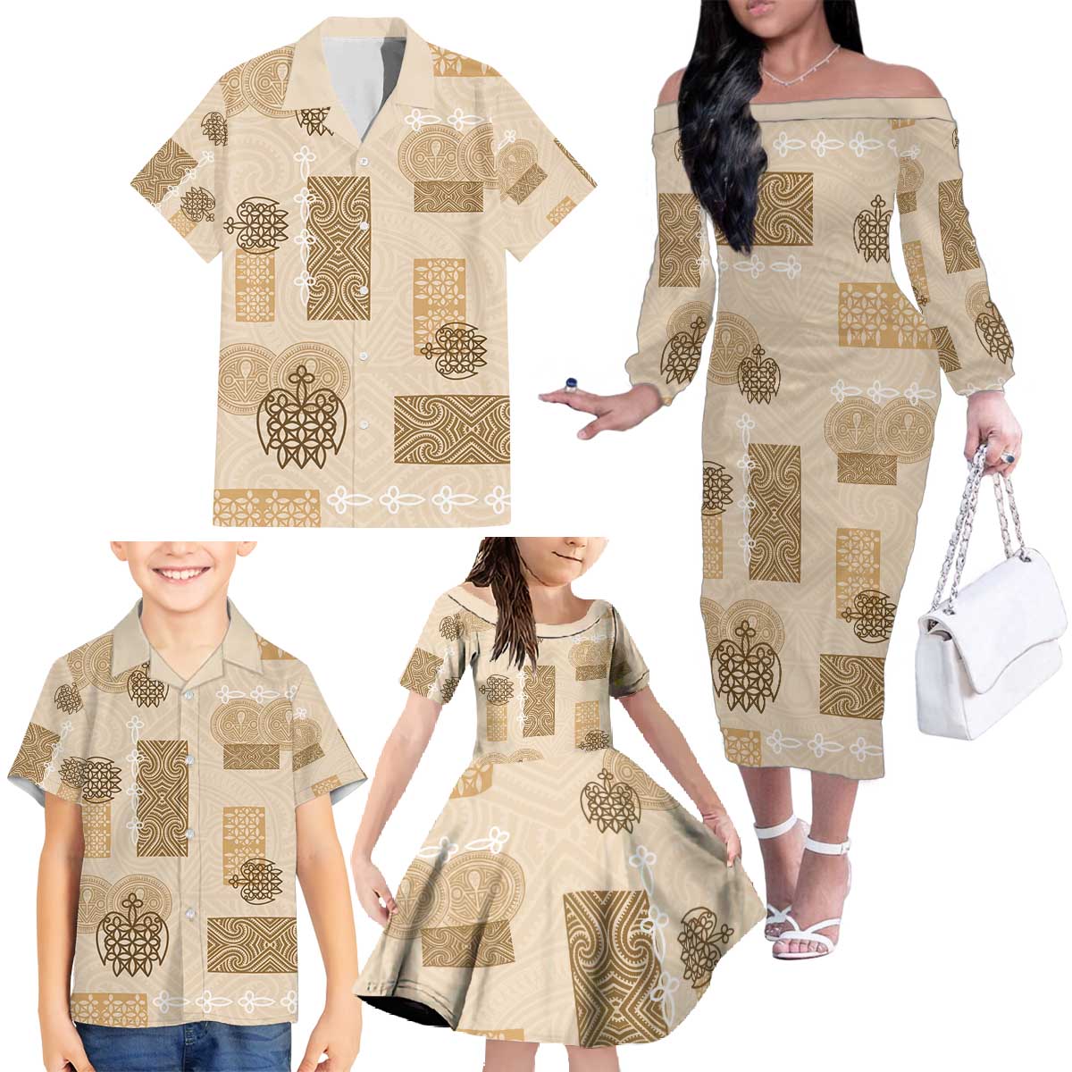 Vintage Lapita Family Matching Off The Shoulder Long Sleeve Dress and Hawaiian Shirt Iconic Double Face Pattern Beige
