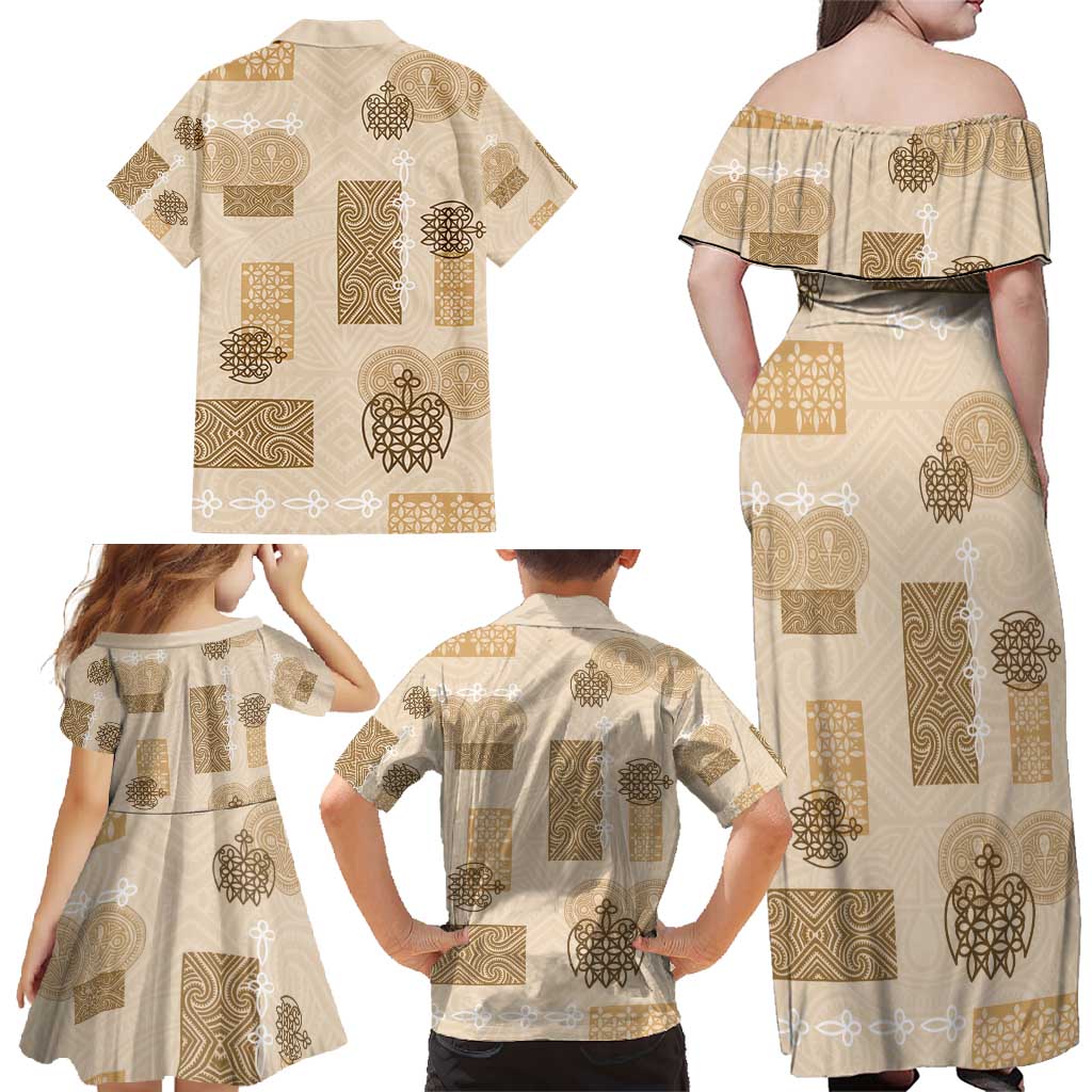 Vintage Lapita Family Matching Off Shoulder Maxi Dress and Hawaiian Shirt Iconic Double Face Pattern Beige