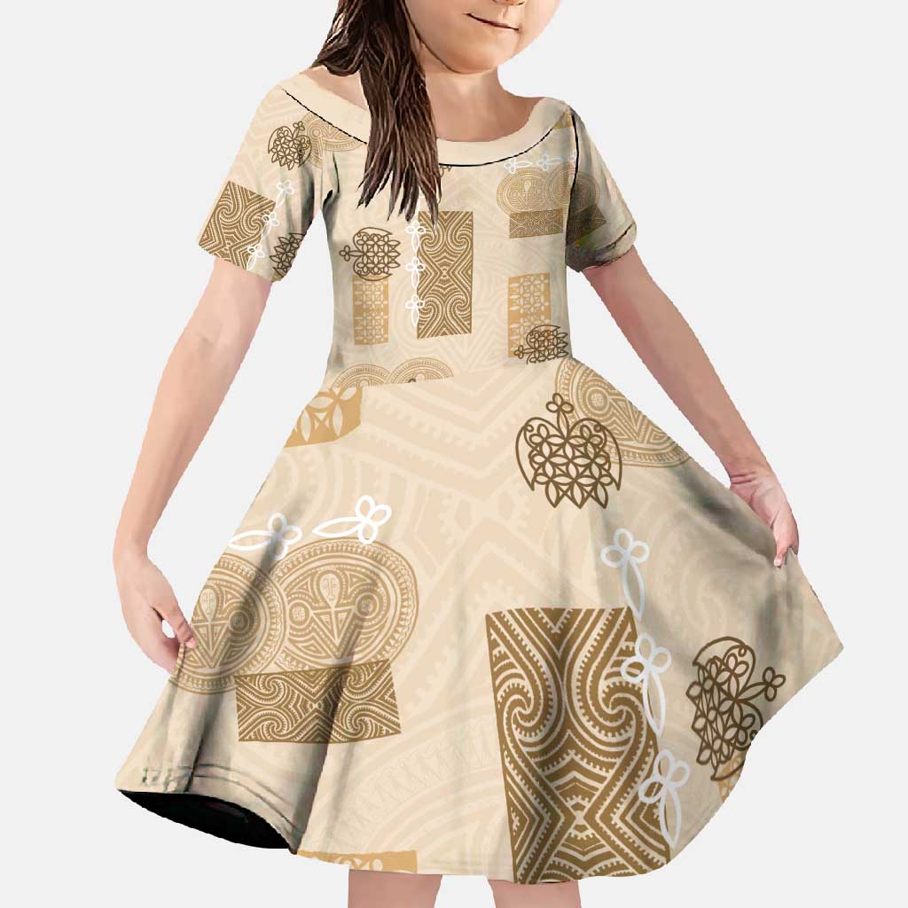 Vintage Lapita Family Matching Short Sleeve Bodycon Dress and Hawaiian Shirt Iconic Double Face Pattern Beige