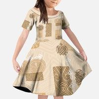 Vintage Lapita Family Matching Short Sleeve Bodycon Dress and Hawaiian Shirt Iconic Double Face Pattern Beige
