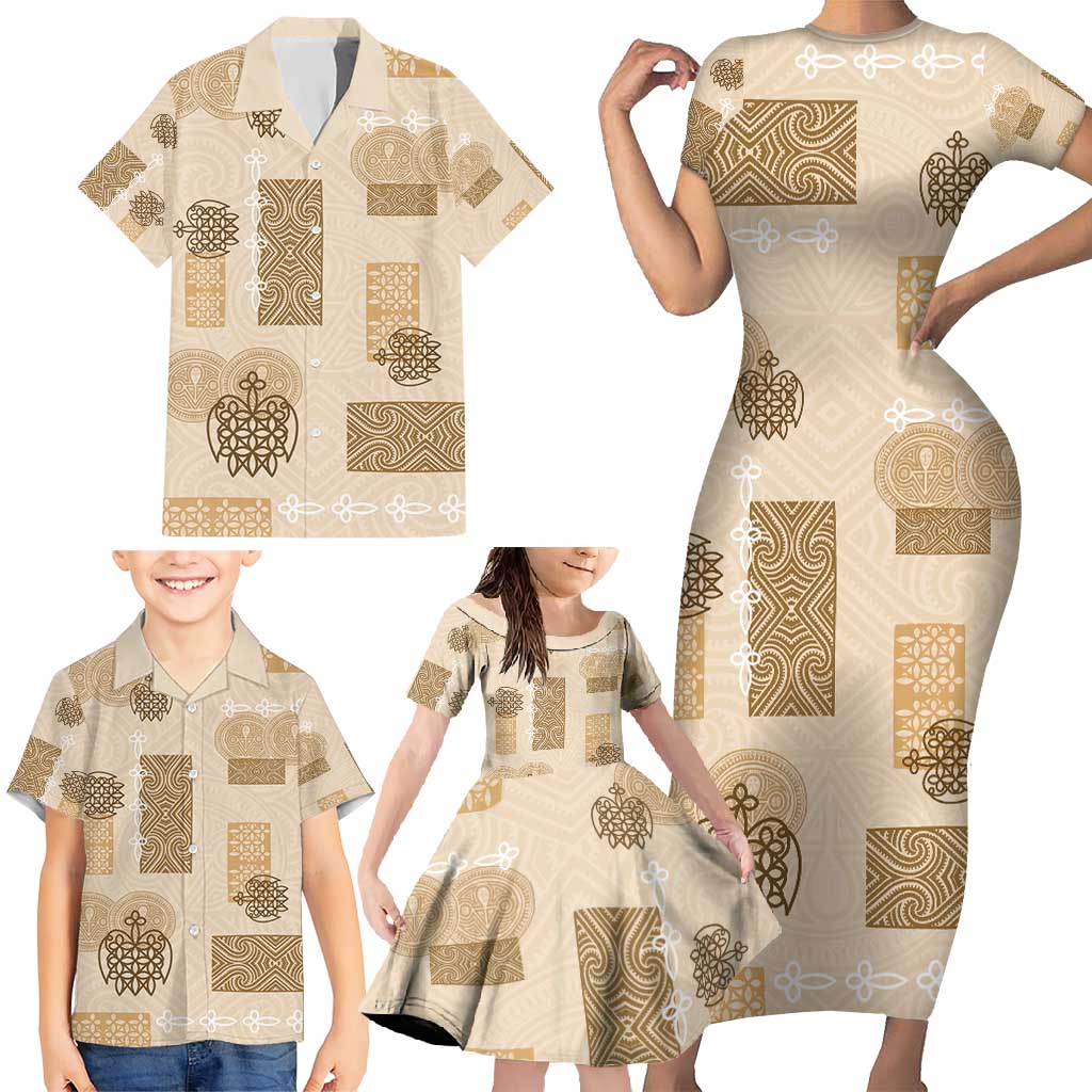 Vintage Lapita Family Matching Short Sleeve Bodycon Dress and Hawaiian Shirt Iconic Double Face Pattern Beige