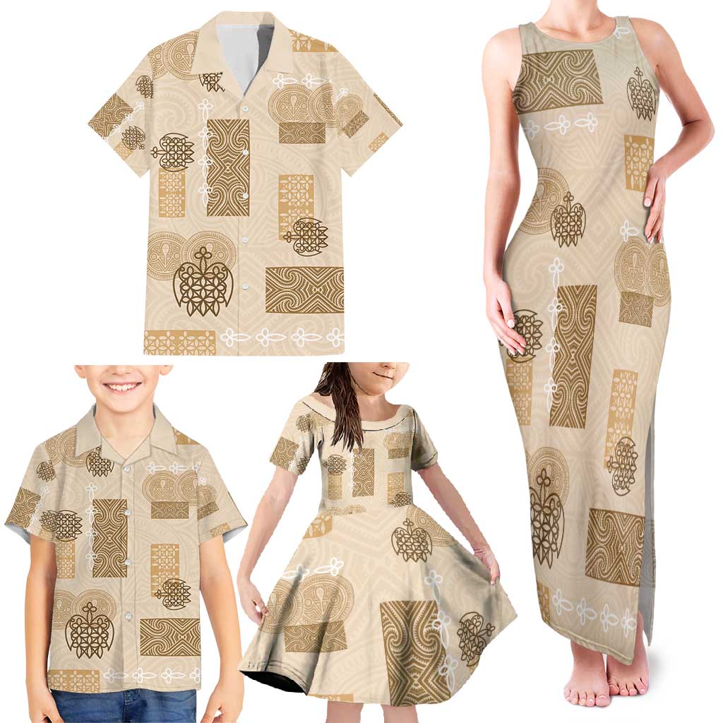 Vintage Lapita Family Matching Tank Maxi Dress and Hawaiian Shirt Iconic Double Face Pattern Beige
