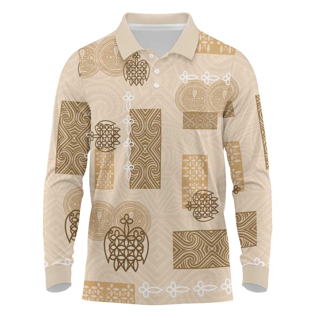 Vintage Lapita Long Sleeve Polo Shirt Iconic Double Face Pattern Beige LT05 Beige - Polynesian Pride