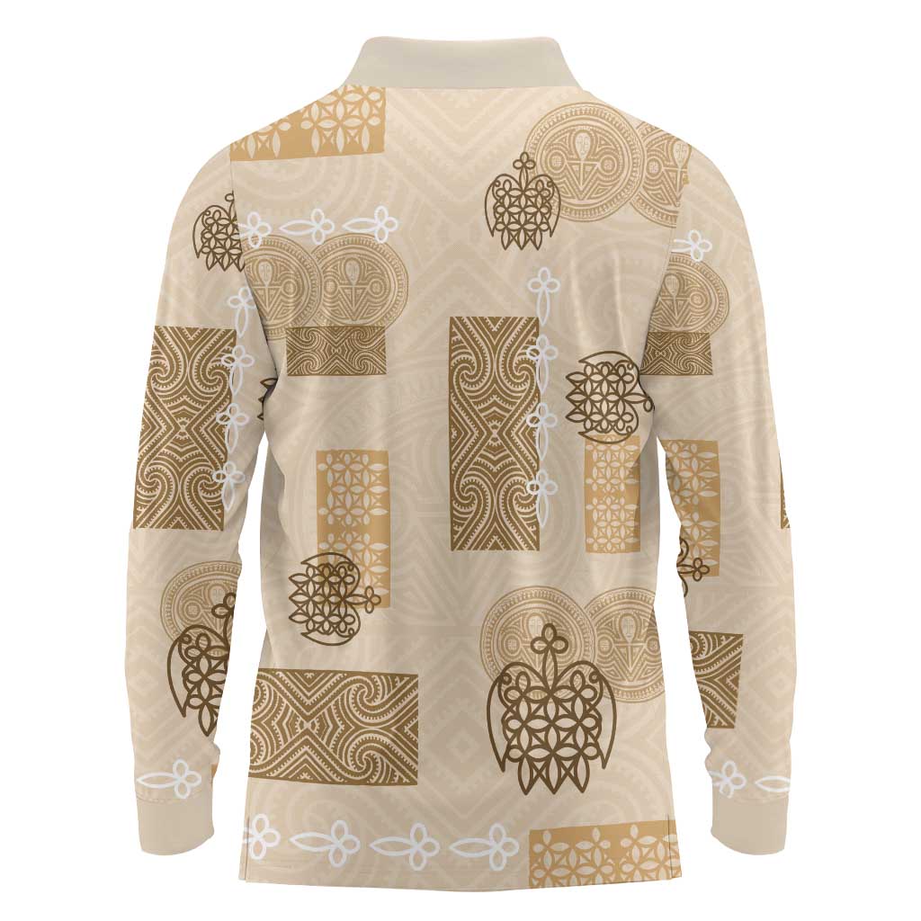 Vintage Lapita Long Sleeve Polo Shirt Iconic Double Face Pattern Beige