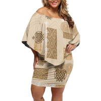 Vintage Lapita Off Shoulder Short Dress Iconic Double Face Pattern Beige