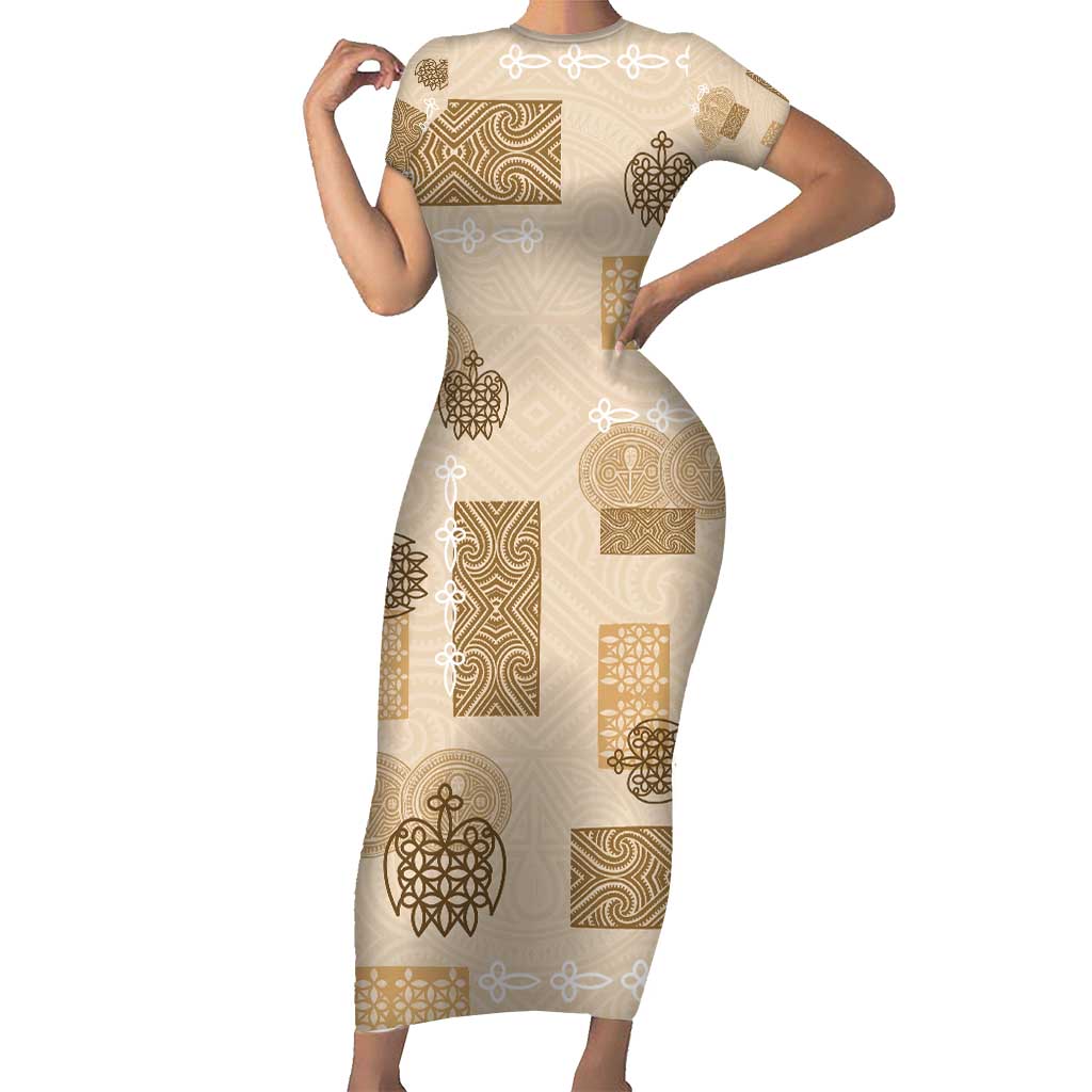 Vintage Lapita Short Sleeve Bodycon Dress Iconic Double Face Pattern Beige