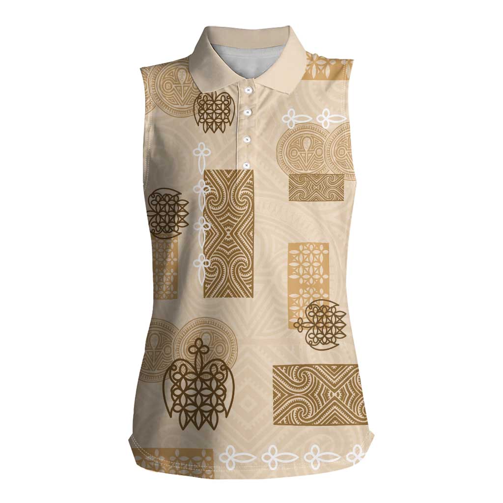 Vintage Lapita Women Sleeveless Polo Shirt Iconic Double Face Pattern Beige LT05 Female Beige - Polynesian Pride