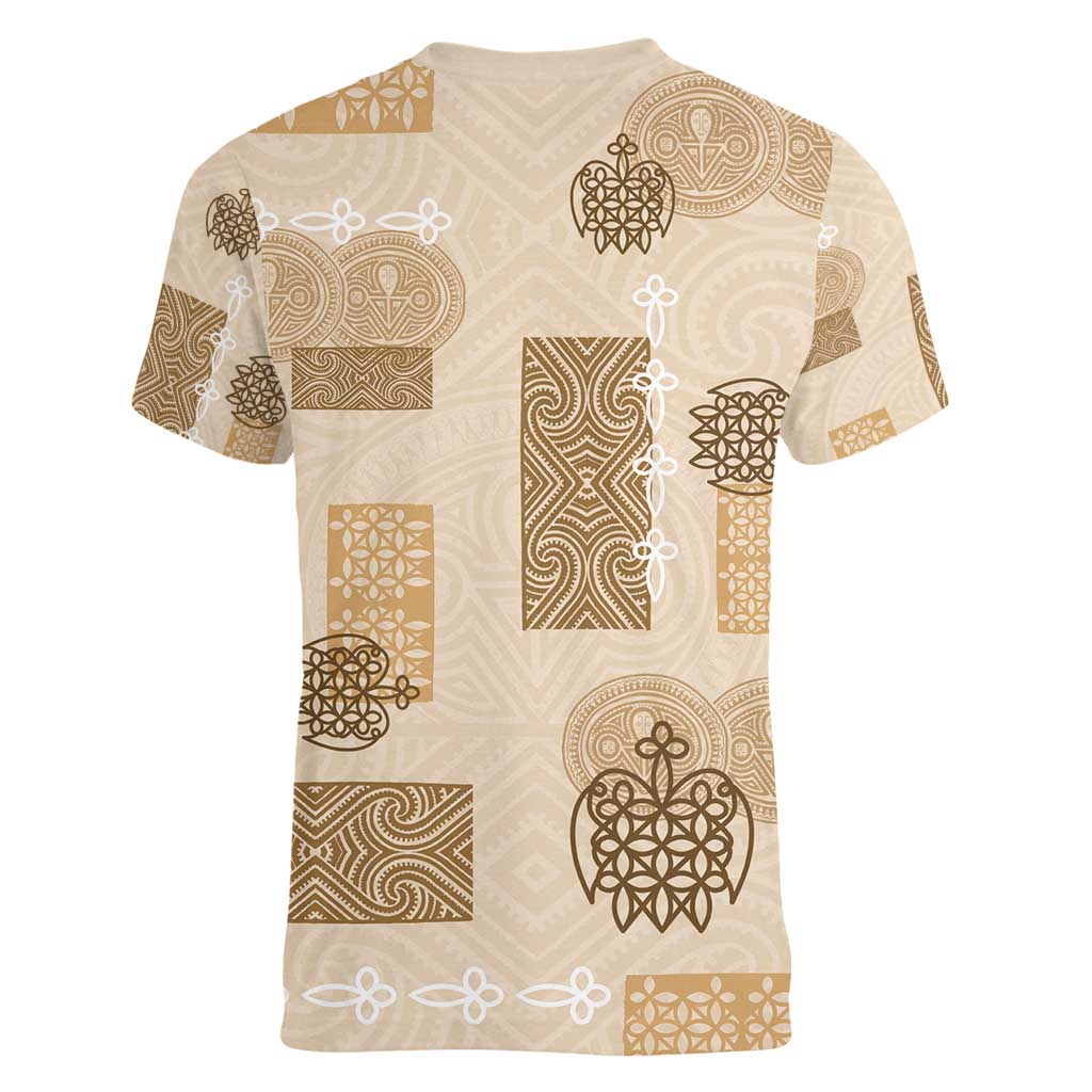 Vintage Lapita Women V-Neck T-Shirt Iconic Double Face Pattern Beige