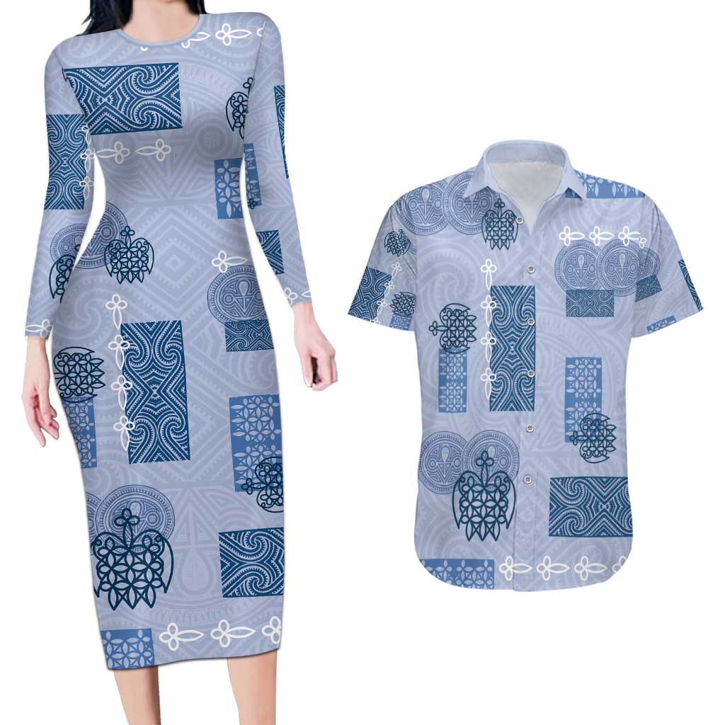 Vintage Lapita Couples Matching Long Sleeve Bodycon Dress and Hawaiian Shirt Iconic Double Face Pattern Blue