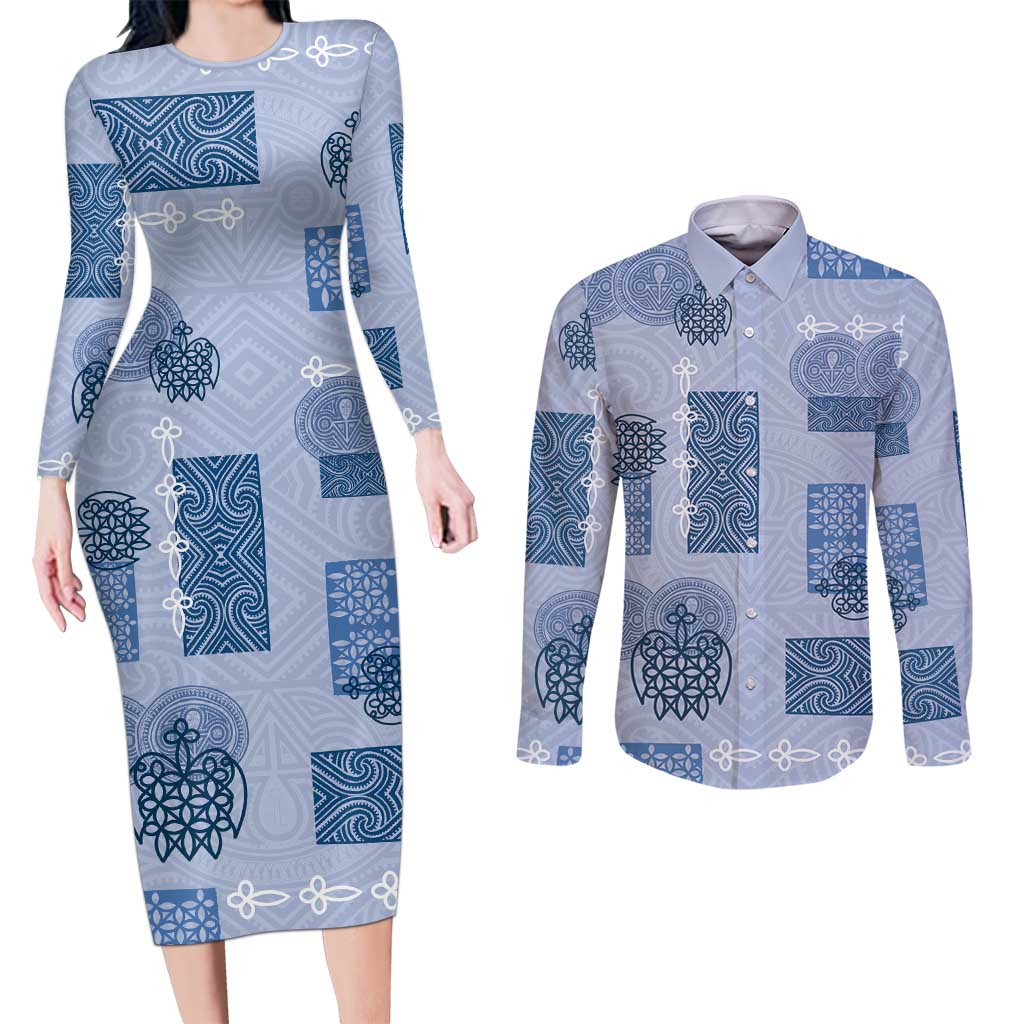 Vintage Lapita Couples Matching Long Sleeve Bodycon Dress and Long Sleeve Button Shirt Iconic Double Face Pattern Blue LT05 Blue - Polynesian Pride