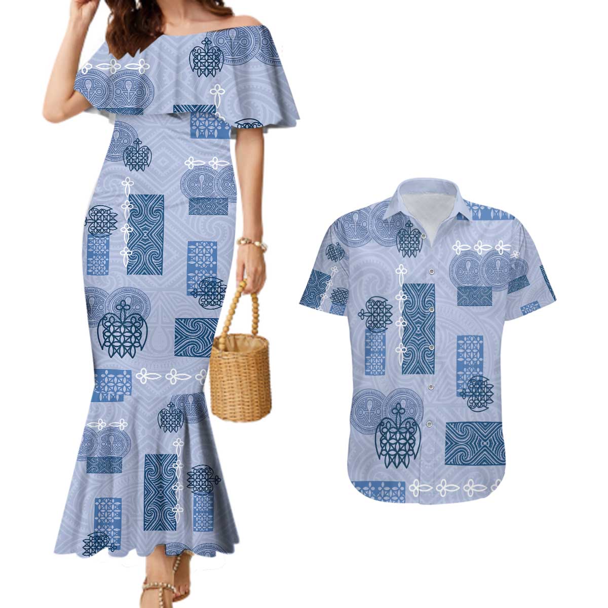 Vintage Lapita Couples Matching Mermaid Dress and Hawaiian Shirt Iconic Double Face Pattern Blue
