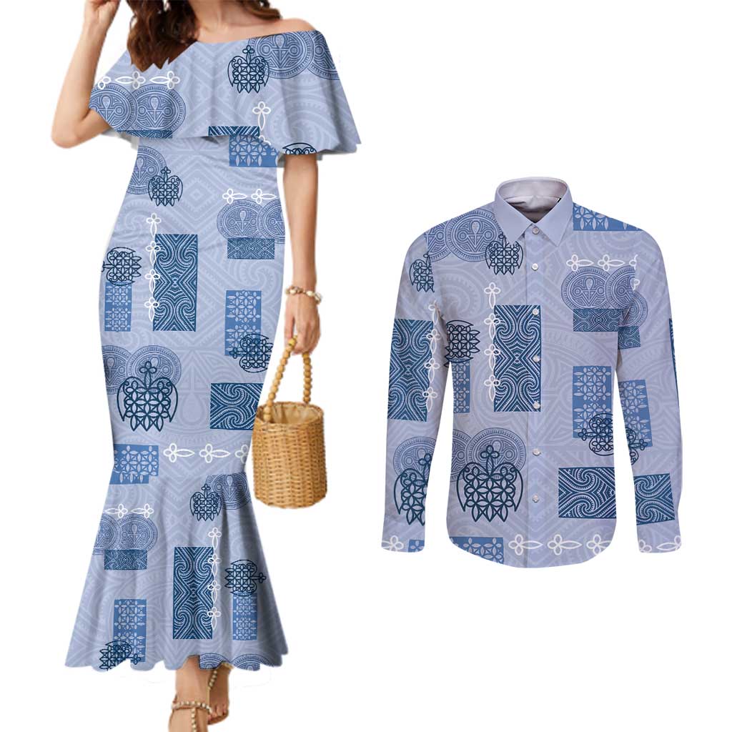 Vintage Lapita Couples Matching Mermaid Dress and Long Sleeve Button Shirt Iconic Double Face Pattern Blue LT05 Blue - Polynesian Pride