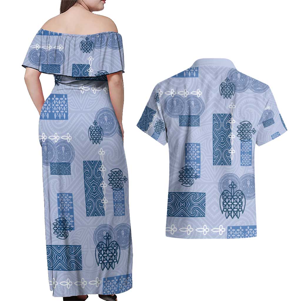 Vintage Lapita Couples Matching Off Shoulder Maxi Dress and Hawaiian Shirt Iconic Double Face Pattern Blue