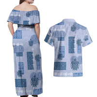 Vintage Lapita Couples Matching Off Shoulder Maxi Dress and Hawaiian Shirt Iconic Double Face Pattern Blue