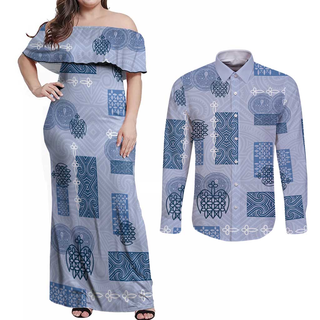 Vintage Lapita Couples Matching Off Shoulder Maxi Dress and Long Sleeve Button Shirt Iconic Double Face Pattern Blue LT05 Blue - Polynesian Pride