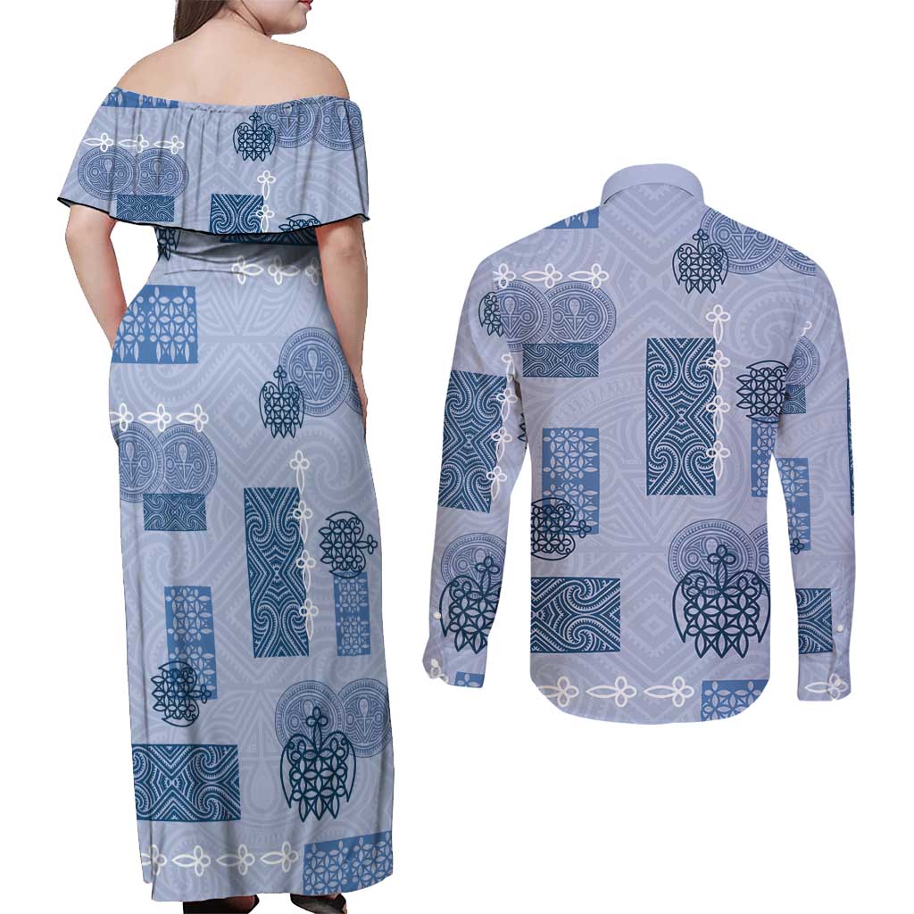 Vintage Lapita Couples Matching Off Shoulder Maxi Dress and Long Sleeve Button Shirt Iconic Double Face Pattern Blue LT05 - Polynesian Pride