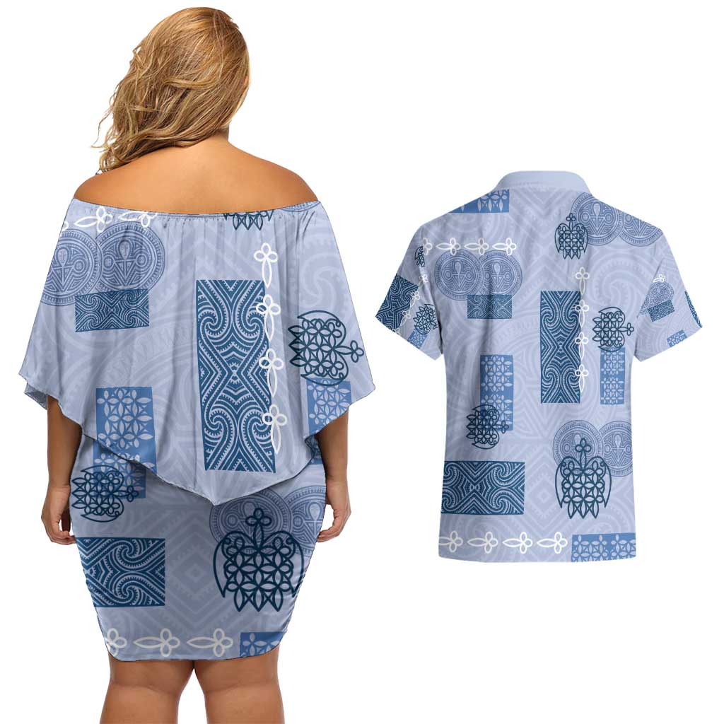 Vintage Lapita Couples Matching Off Shoulder Short Dress and Hawaiian Shirt Iconic Double Face Pattern Blue