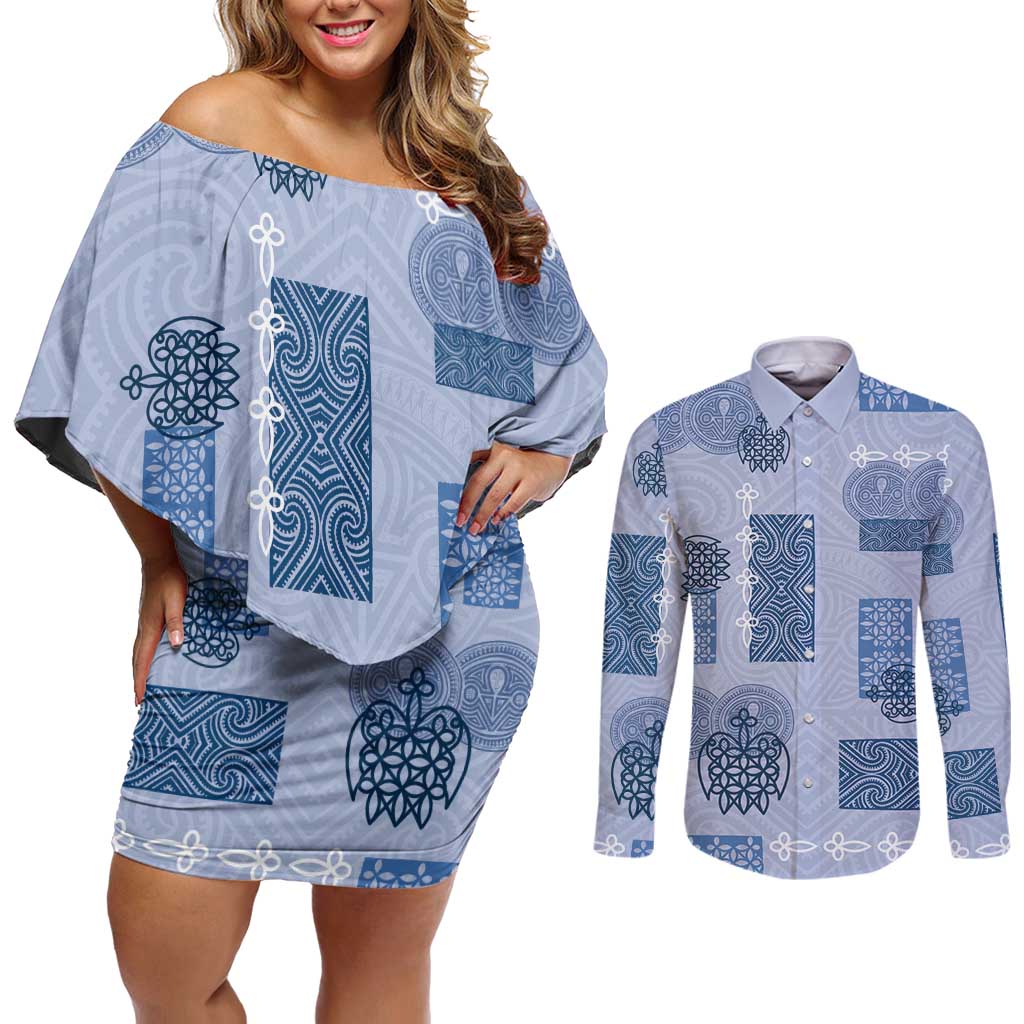 Vintage Lapita Couples Matching Off Shoulder Short Dress and Long Sleeve Button Shirt Iconic Double Face Pattern Blue LT05 Blue - Polynesian Pride