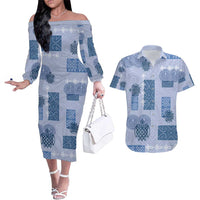 Vintage Lapita Couples Matching Off The Shoulder Long Sleeve Dress and Hawaiian Shirt Iconic Double Face Pattern Blue