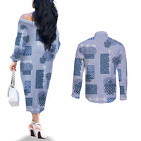 Vintage Lapita Couples Matching Off The Shoulder Long Sleeve Dress and Long Sleeve Button Shirt Iconic Double Face Pattern Blue