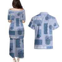 Vintage Lapita Couples Matching Puletasi and Hawaiian Shirt Iconic Double Face Pattern Blue