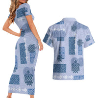 Vintage Lapita Couples Matching Short Sleeve Bodycon Dress and Hawaiian Shirt Iconic Double Face Pattern Blue