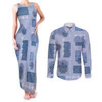 Vintage Lapita Couples Matching Tank Maxi Dress and Long Sleeve Button Shirt Iconic Double Face Pattern Blue