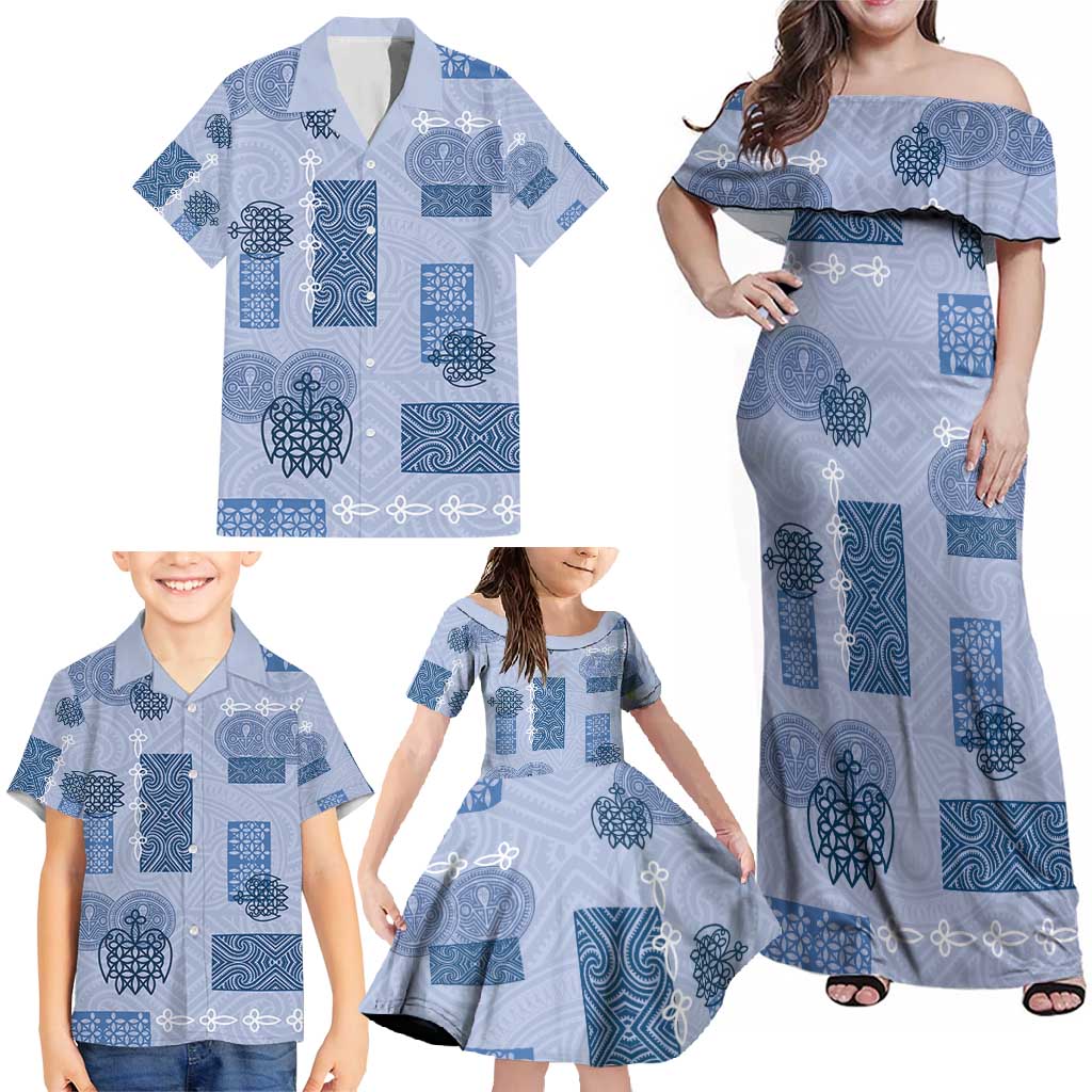 Vintage Lapita Family Matching Off Shoulder Maxi Dress and Hawaiian Shirt Iconic Double Face Pattern Blue