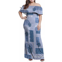 Vintage Lapita Family Matching Off Shoulder Maxi Dress and Hawaiian Shirt Iconic Double Face Pattern Blue