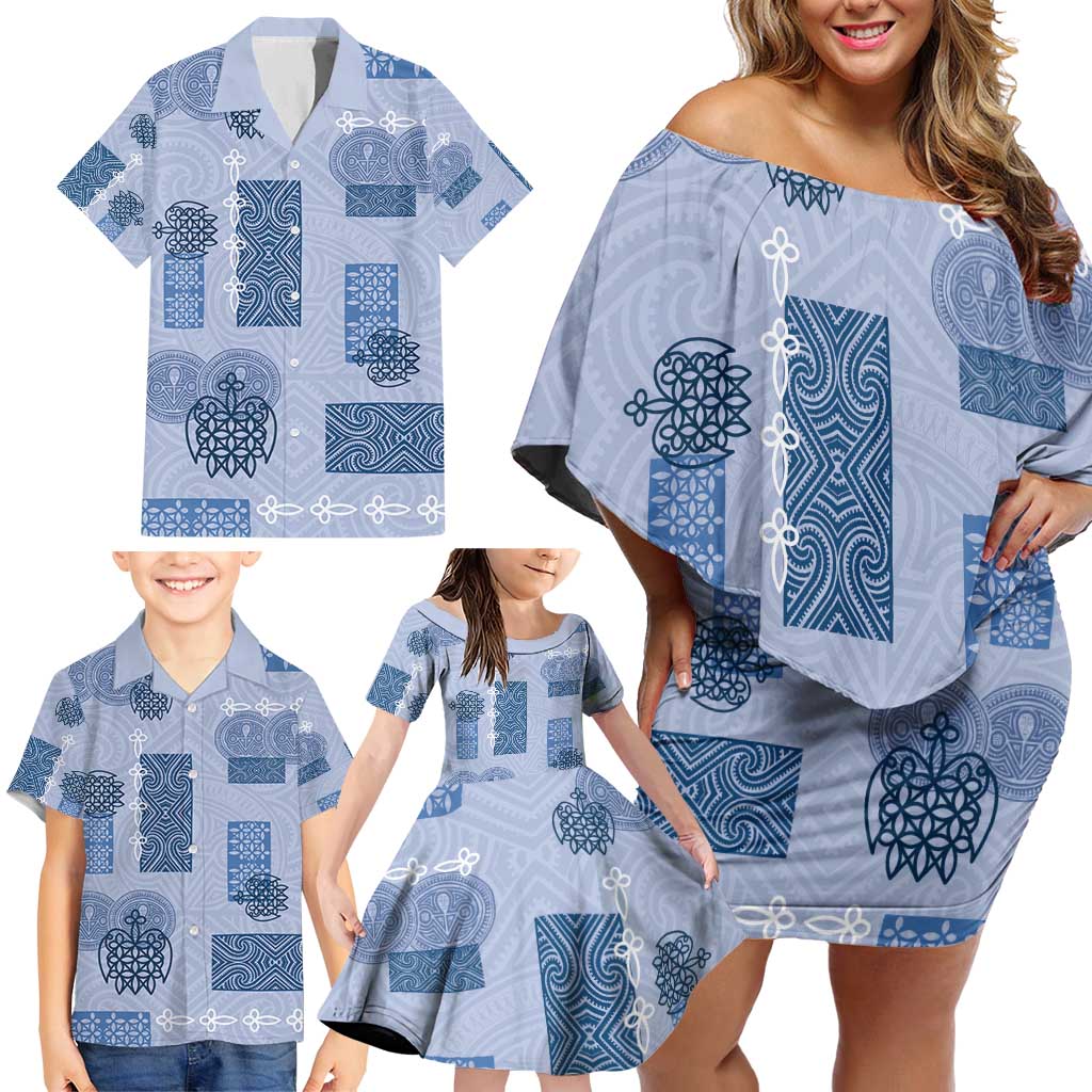 Vintage Lapita Family Matching Off Shoulder Short Dress and Hawaiian Shirt Iconic Double Face Pattern Blue