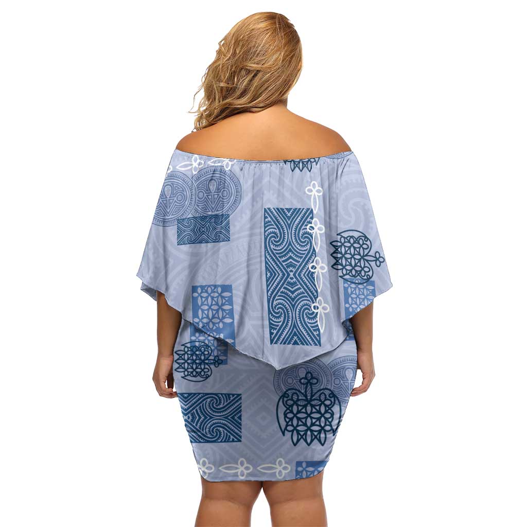 Vintage Lapita Family Matching Off Shoulder Short Dress and Hawaiian Shirt Iconic Double Face Pattern Blue