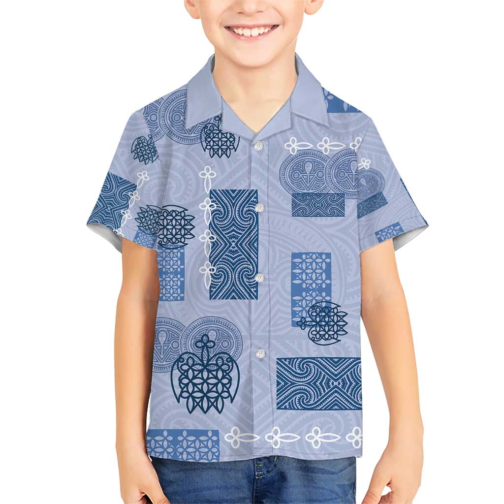 Vintage Lapita Family Matching Short Sleeve Bodycon Dress and Hawaiian Shirt Iconic Double Face Pattern Blue