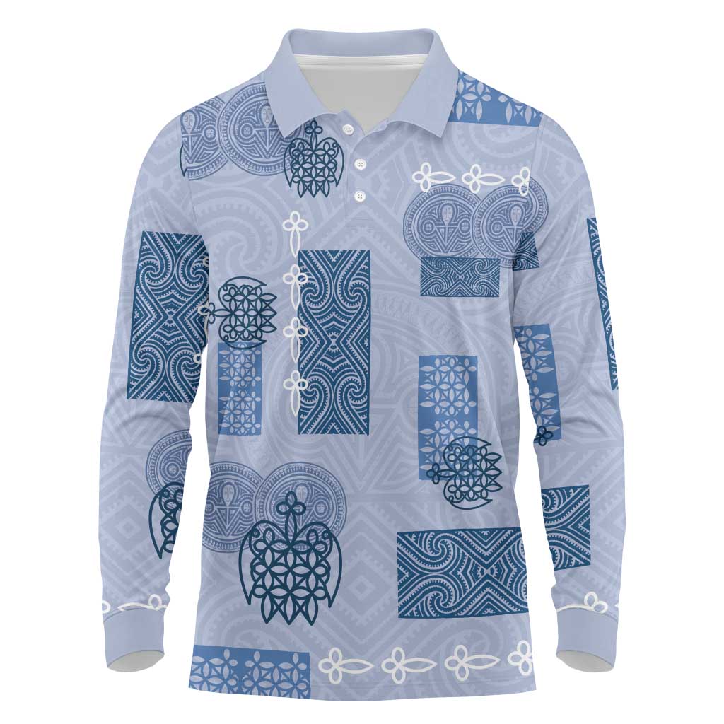 Vintage Lapita Long Sleeve Polo Shirt Iconic Double Face Pattern Blue LT05 Blue - Polynesian Pride