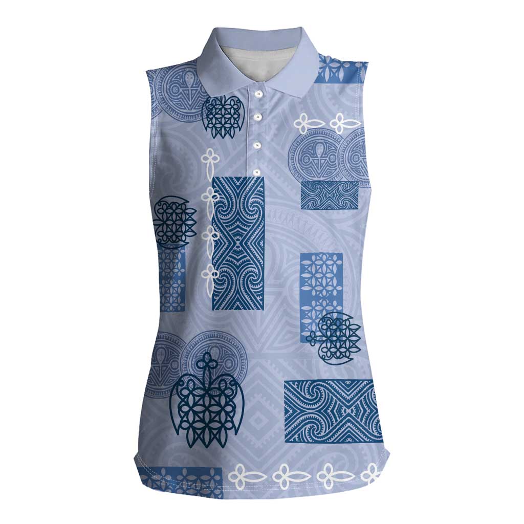 Vintage Lapita Women Sleeveless Polo Shirt Iconic Double Face Pattern Blue LT05 Female Blue - Polynesian Pride
