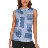 Vintage Lapita Women Sleeveless Polo Shirt Iconic Double Face Pattern Blue
