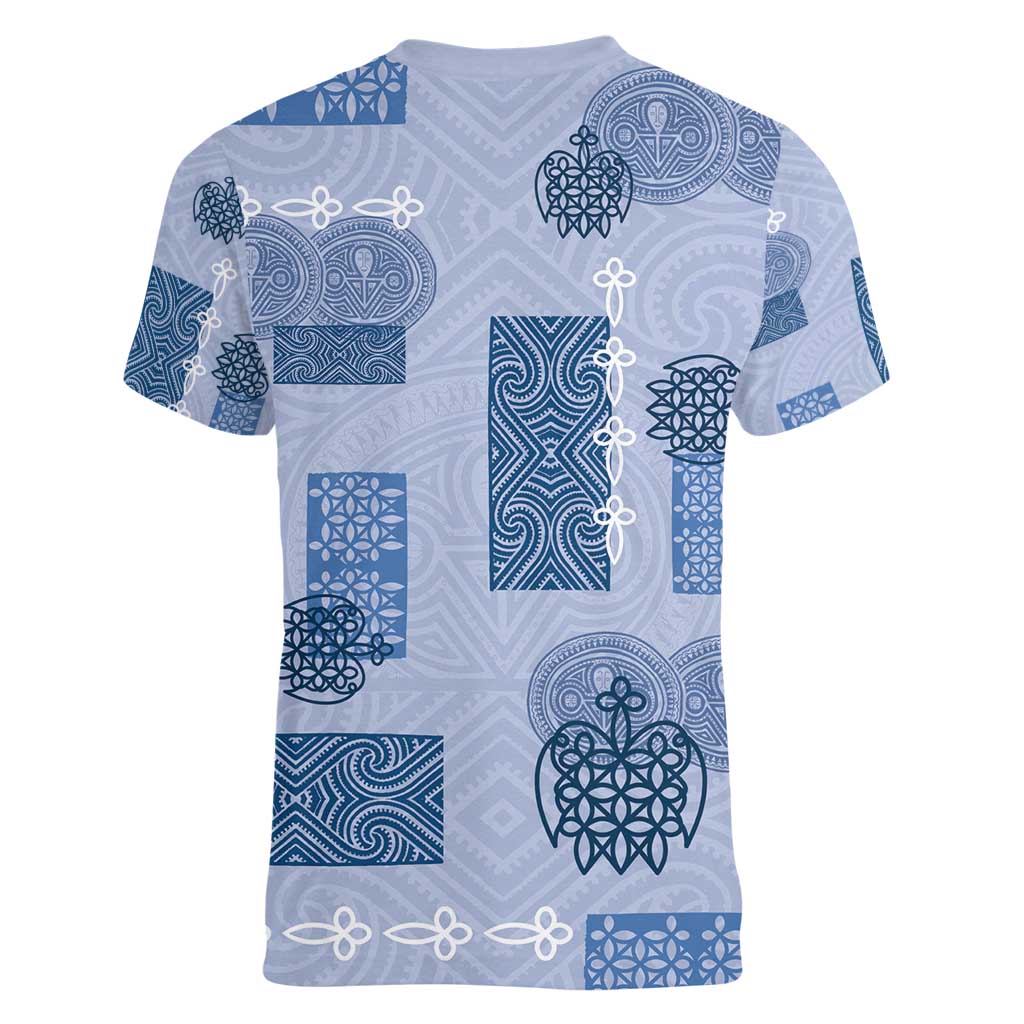 Vintage Lapita Women V-Neck T-Shirt Iconic Double Face Pattern Blue