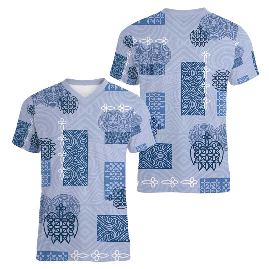 Vintage Lapita Women V-Neck T-Shirt Iconic Double Face Pattern Blue