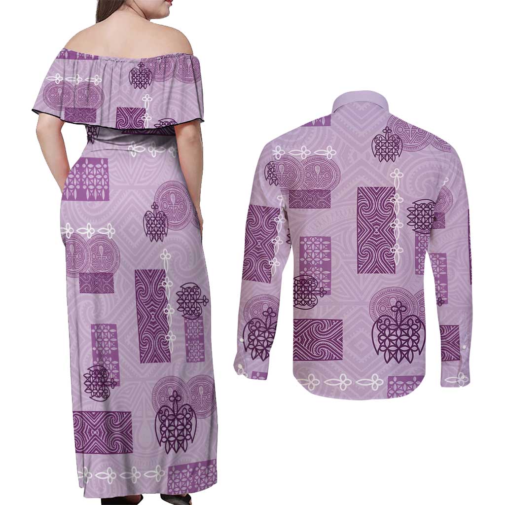 Vintage Lapita Couples Matching Off Shoulder Maxi Dress and Long Sleeve Button Shirt Iconic Double Face Pattern Violet