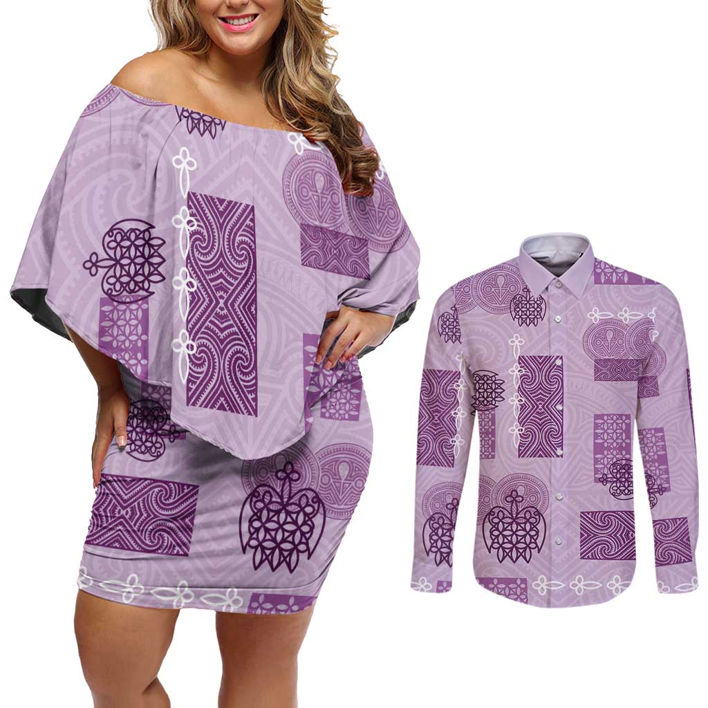 Vintage Lapita Couples Matching Off Shoulder Short Dress and Long Sleeve Button Shirt Iconic Double Face Pattern Violet LT05 Violet - Polynesian Pride