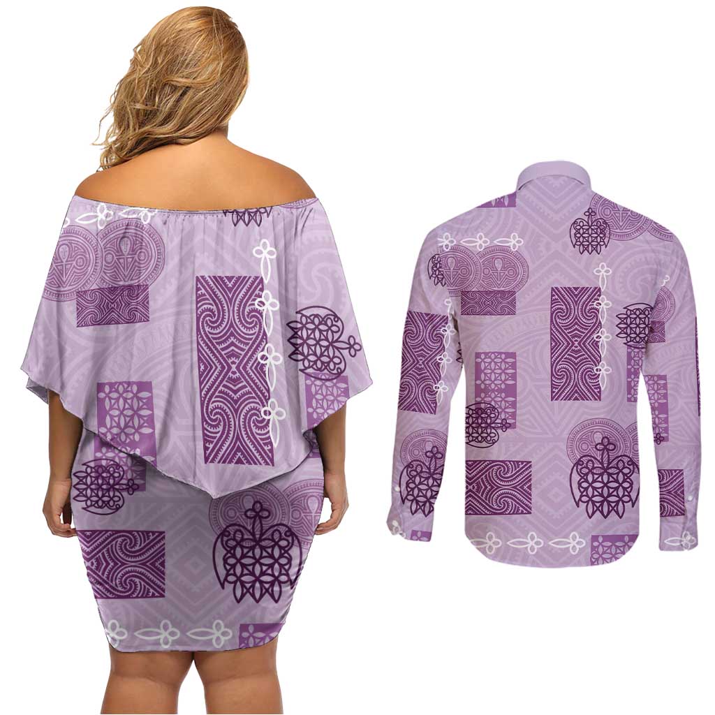 Vintage Lapita Couples Matching Off Shoulder Short Dress and Long Sleeve Button Shirt Iconic Double Face Pattern Violet