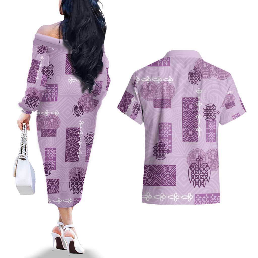 Vintage Lapita Couples Matching Off The Shoulder Long Sleeve Dress and Hawaiian Shirt Iconic Double Face Pattern Violet