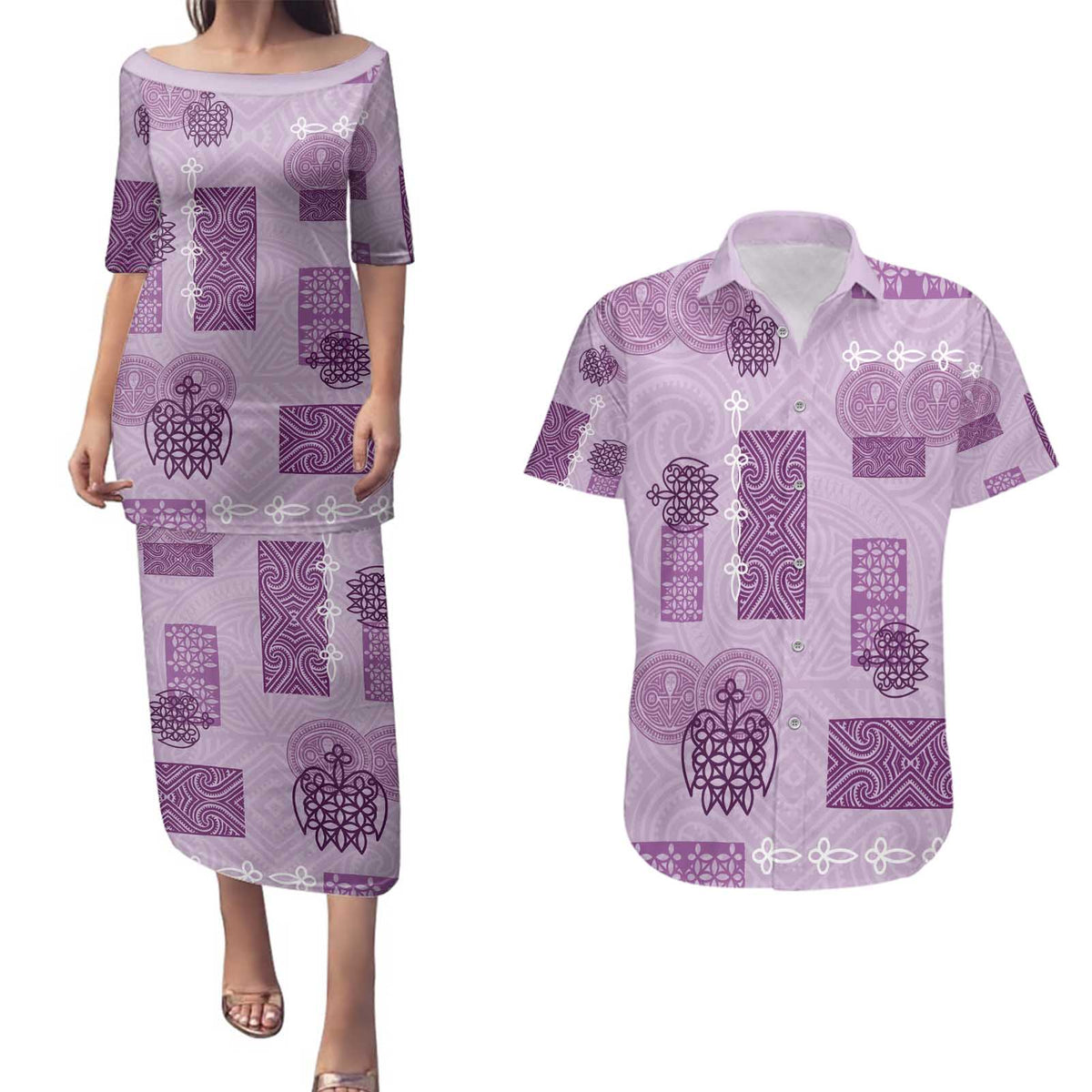 Vintage Lapita Couples Matching Puletasi and Hawaiian Shirt Iconic Double Face Pattern Violet