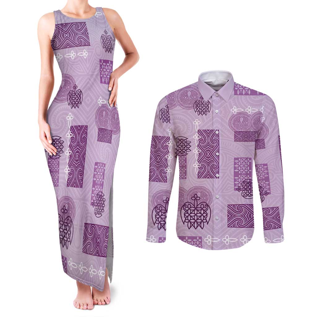 Vintage Lapita Couples Matching Tank Maxi Dress and Long Sleeve Button Shirt Iconic Double Face Pattern Violet LT05 Violet - Polynesian Pride