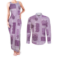 Vintage Lapita Couples Matching Tank Maxi Dress and Long Sleeve Button Shirt Iconic Double Face Pattern Violet
