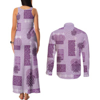 Vintage Lapita Couples Matching Tank Maxi Dress and Long Sleeve Button Shirt Iconic Double Face Pattern Violet