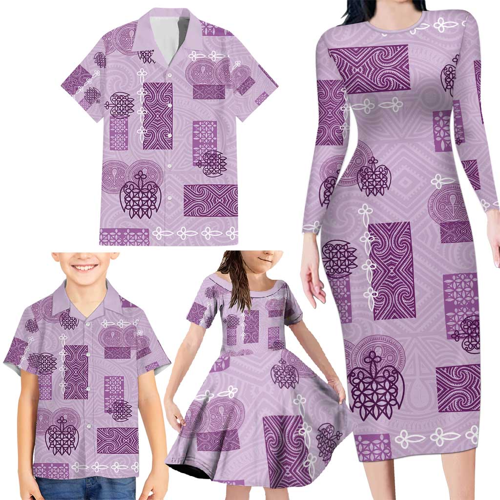 Vintage Lapita Family Matching Long Sleeve Bodycon Dress and Hawaiian Shirt Iconic Double Face Pattern Violet