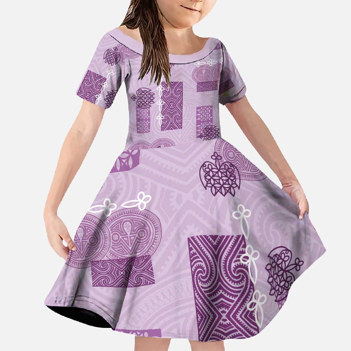 Vintage Lapita Family Matching Off The Shoulder Long Sleeve Dress and Hawaiian Shirt Iconic Double Face Pattern Violet