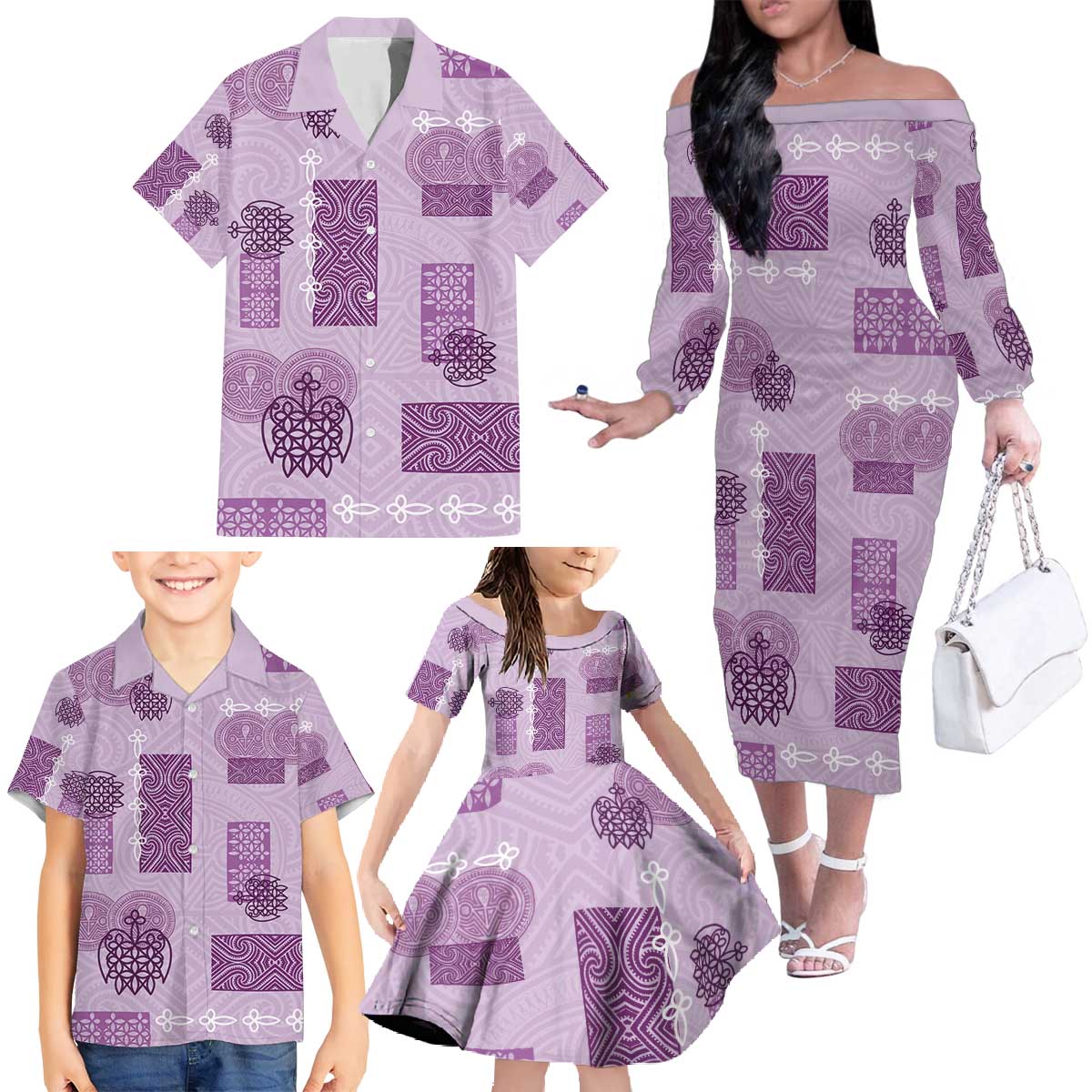 Vintage Lapita Family Matching Off The Shoulder Long Sleeve Dress and Hawaiian Shirt Iconic Double Face Pattern Violet